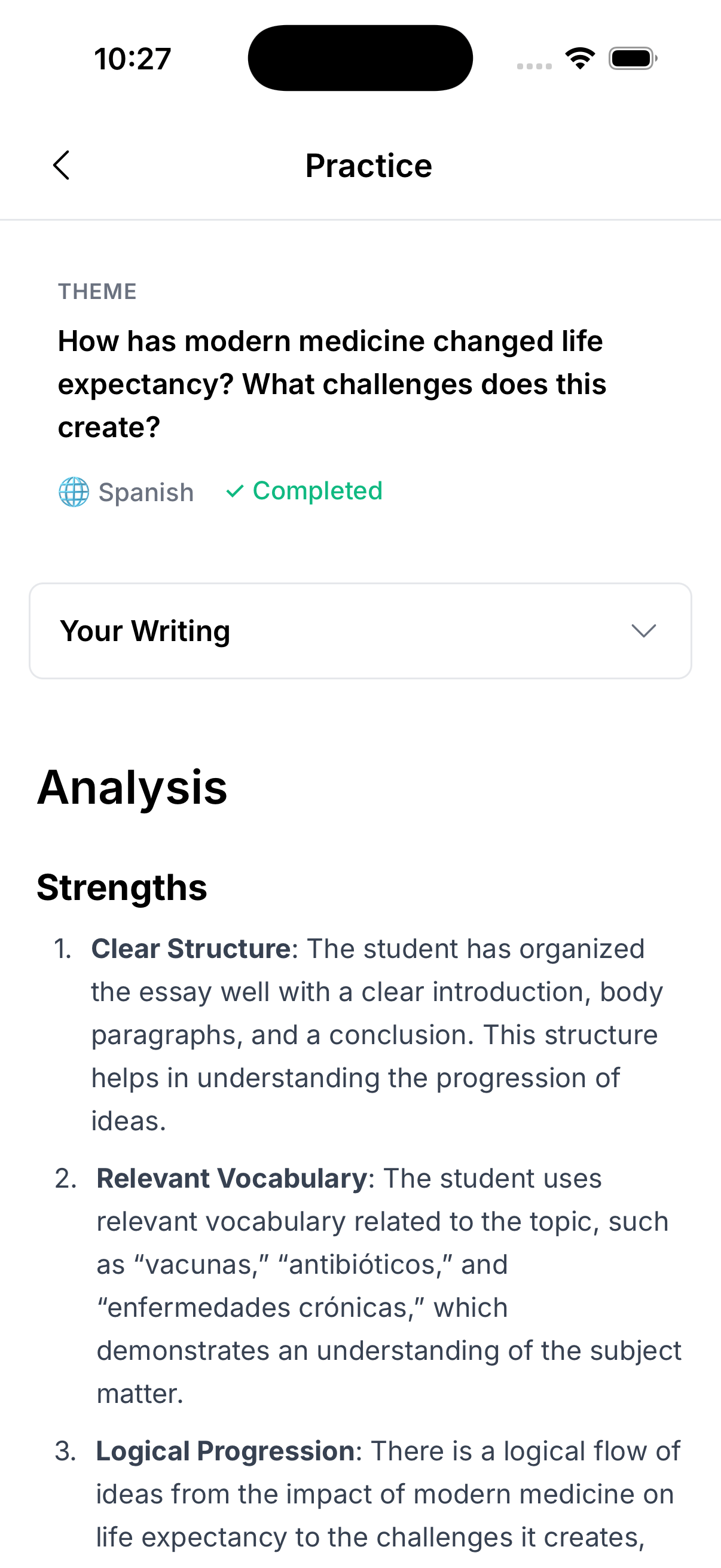 Writing practice analytics